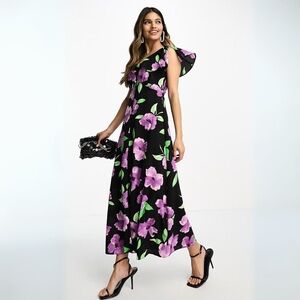 ASOS flutter sleeve midi tea dress with flowers.